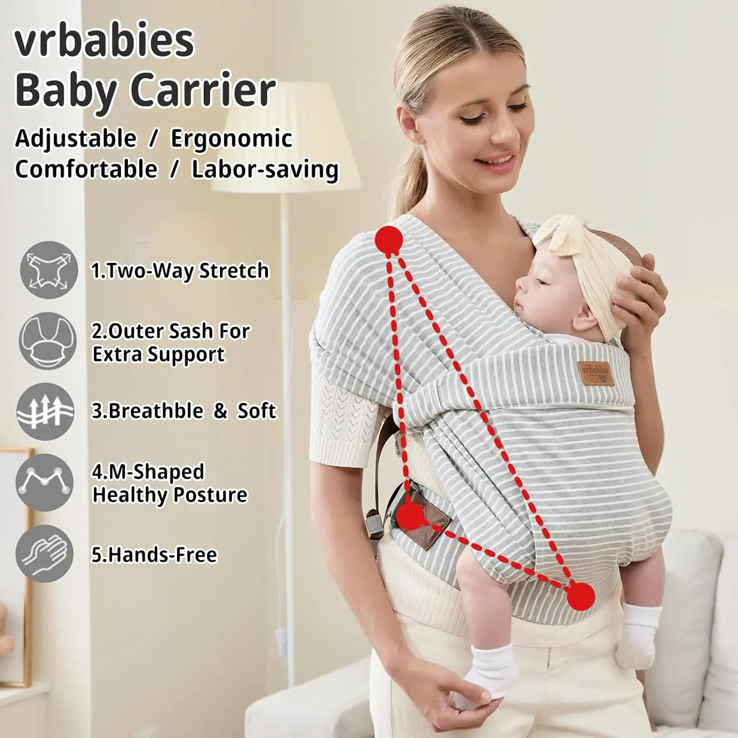 Baby Wraps Carrier Newborn to Toddler, Kangaroo Baby Easy Wearing Wrap, Adjustable Soft Baby Holder Front Chest Sling Carriers Perfect Baby Infant Essentials Gifts (Striped Grey, Cotton)