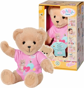 BABY Born Zapf Creation 835609 Bear with Pink Romper, Teddy Bear Cuddly Toy, Movable Arms and Legs, Rotating Head, Washable by Hand Wash, with Friendship Book and Sticker Sheet