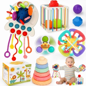 Baby Toys 6-12 Months,5 in 1 Montessori Toys for Babies 6-12 Months,Pull String Infant Teething Toys,Stacking Rings,Color Shape Sensory,Suction Cup Spinner Toys for 6-9-12 to 18 M  Birthday Gifts