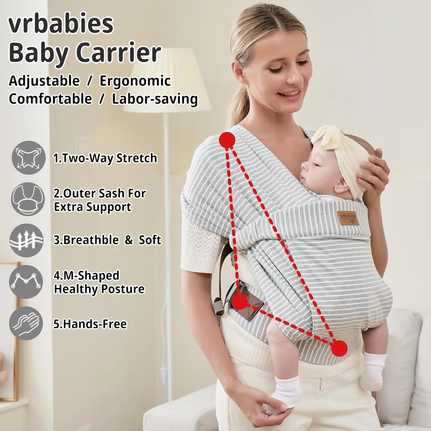 Baby Wraps Carrier Newborn to Toddler, Kangaroo Baby Easy Wearing Wrap, Adjustable Soft Baby Holder Front Chest Sling Carriers Perfect Baby Infant Essentials Gifts (Striped Grey, Cotton)