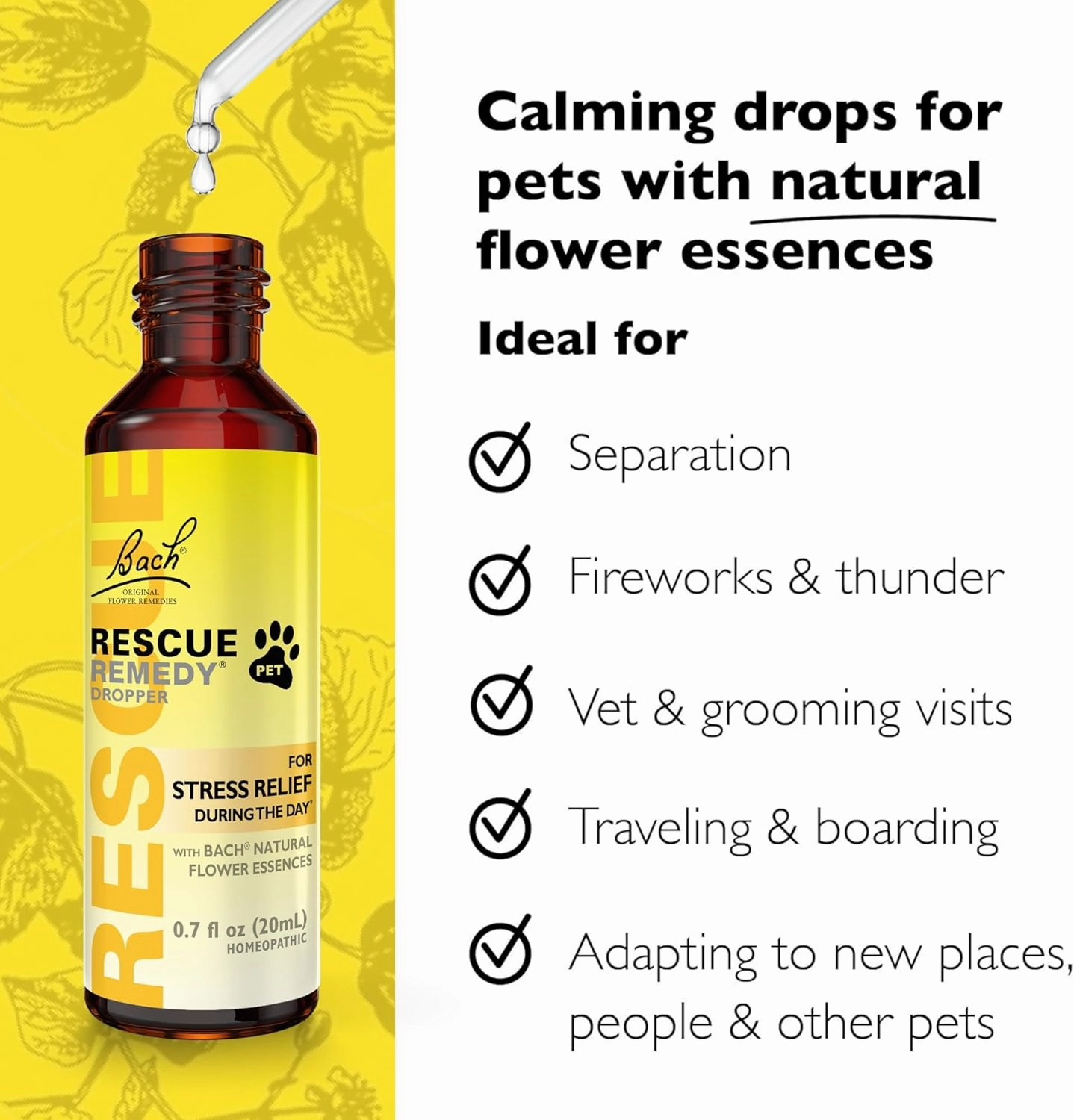 Bach RESCUE Remedy PET Dropper 20mL, Natural Stress Relief, Calming for Dogs, Cats, & Other Pets, Homeopathic Flower Essence, Thunder, Fireworks & Travel, Separation, Sedative-Free, 2-Pack