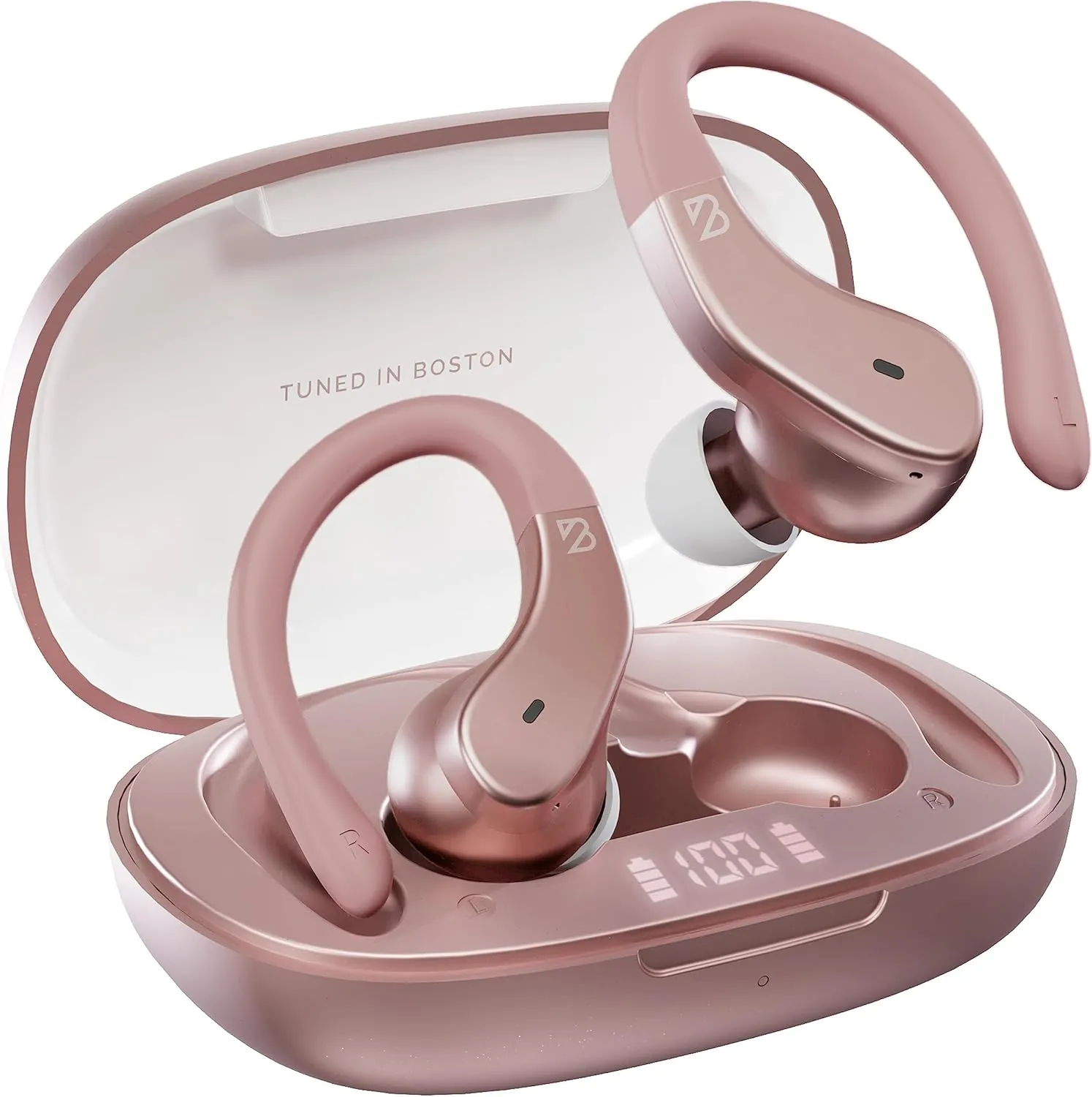 Back Bay Audio Runner 40 - Secure-Fit Wireless Earbuds, Running Bluetooth Earphones for Women, Rose Gold Deep Bass Wrap Around Earbuds for Small Ear Canals with EarHooks, Light Pink Over The Ear Buds