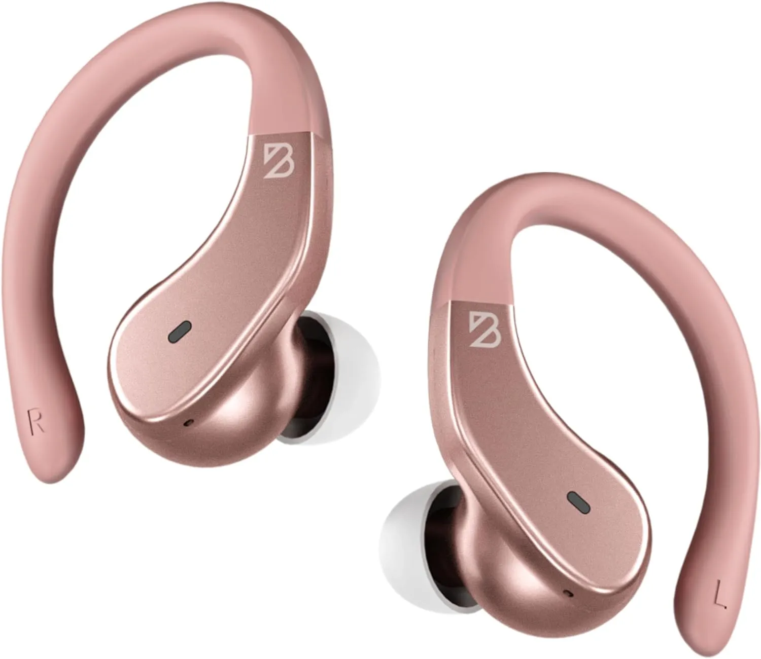 Back Bay Audio Runner 40 - Secure-Fit Wireless Earbuds, Running Bluetooth Earphones for Women, Rose Gold Deep Bass Wrap Around Earbuds for Small Ear Canals with EarHooks, Light Pink Over The Ear Buds