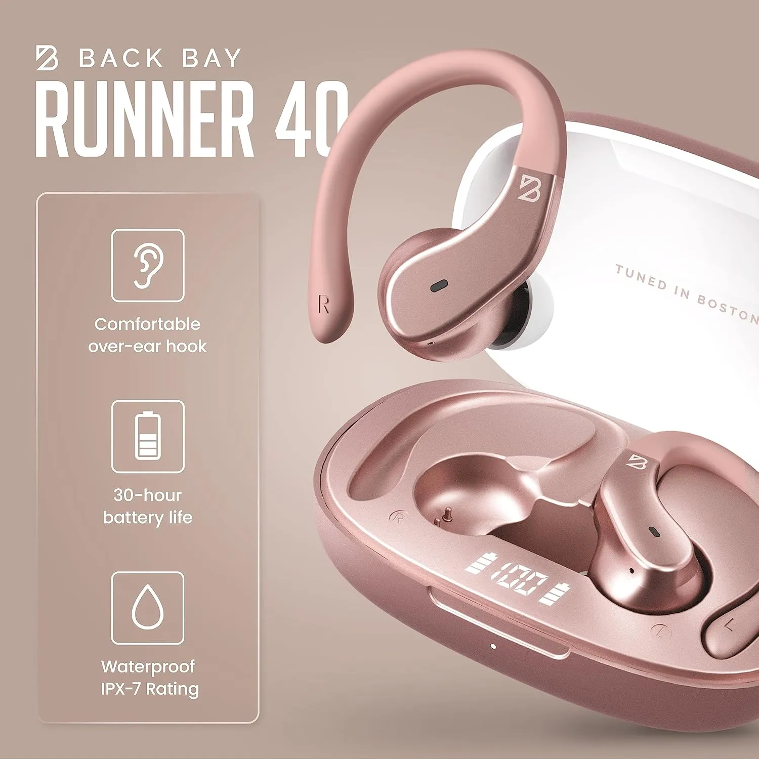Back Bay Audio Runner 40 - Secure-Fit Wireless Earbuds, Running Bluetooth Earphones for Women, Rose Gold Deep Bass Wrap Around Earbuds for Small Ear Canals with EarHooks, Light Pink Over The Ear Buds