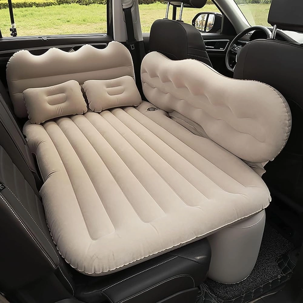 Back Seat Car Air Mattress,Inflatable SUV Truck Car Camping Mattress for Back Seat, Thickened Double-Sided Flocking Travel Car Sleeping Pad with Car Air Pump & 2 Pillows(Color:Beige)