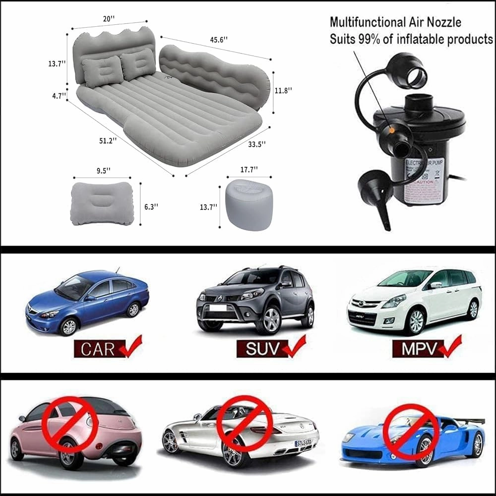 Back Seat Car Air Mattress,Inflatable SUV Truck Car Camping Mattress for Back Seat, Thickened Double-Sided Flocking Travel Car Sleeping Pad with Car Air Pump & 2 Pillows(Color:Beige)