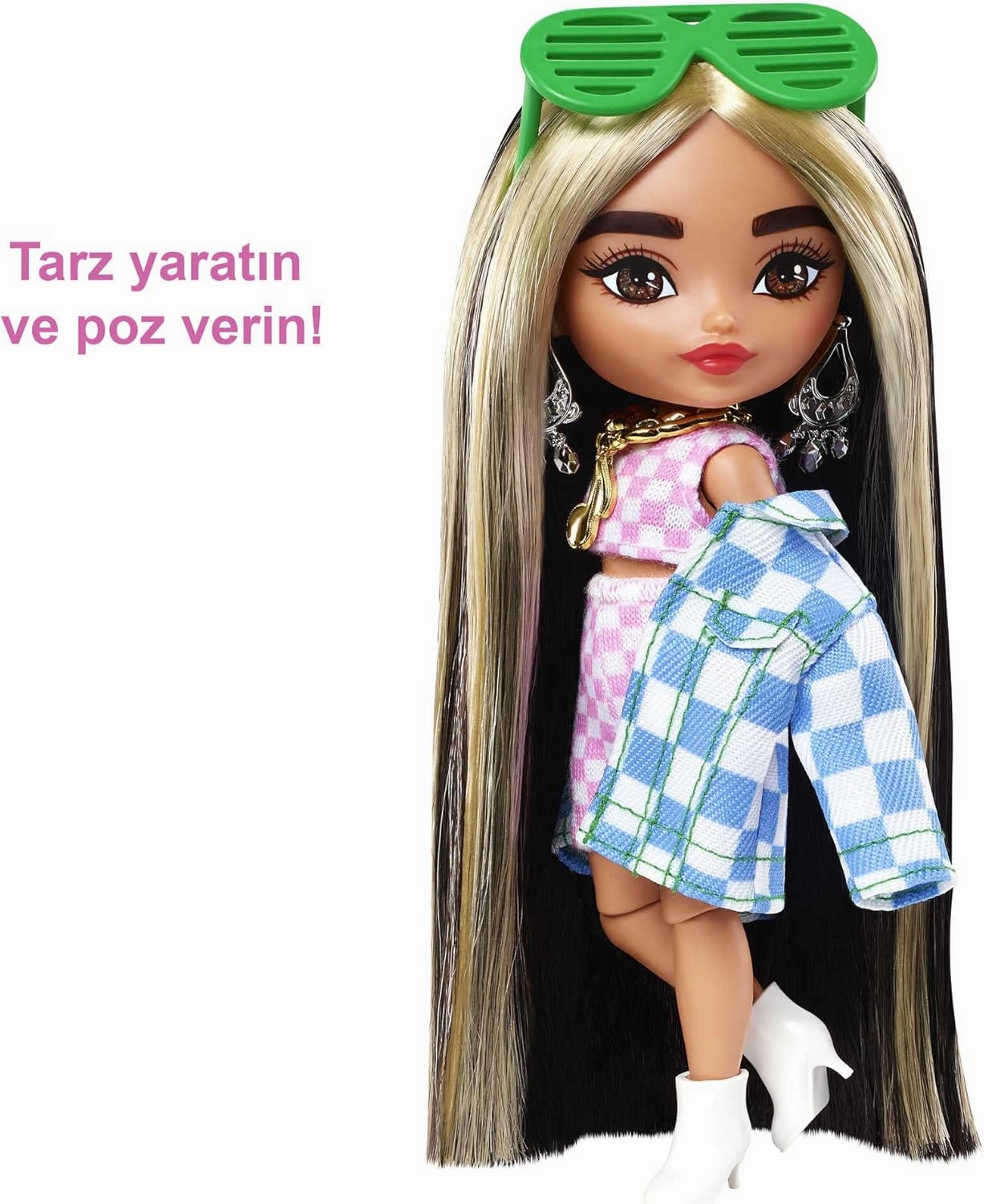 Barbie Extra Minis Doll #2 (5.5 in) Wearing Checkered 2-Piece Fashion & Jacket, with Doll Stand & Accessories Including Shutter Sunglasses and Boombox, Gift for Kids 3 Years Old & Up​
