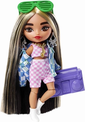 Barbie Extra Minis Doll #2 (5.5 in) Wearing Checkered 2-Piece Fashion & Jacket, with Doll Stand & Accessories Including Shutter Sunglasses and Boombox, Gift for Kids 3 Years Old & Up​