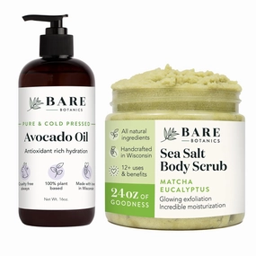 Bare Botanics Avocado Hair & Body Oil   Matcha Eucalyptus Body Salt Scrub