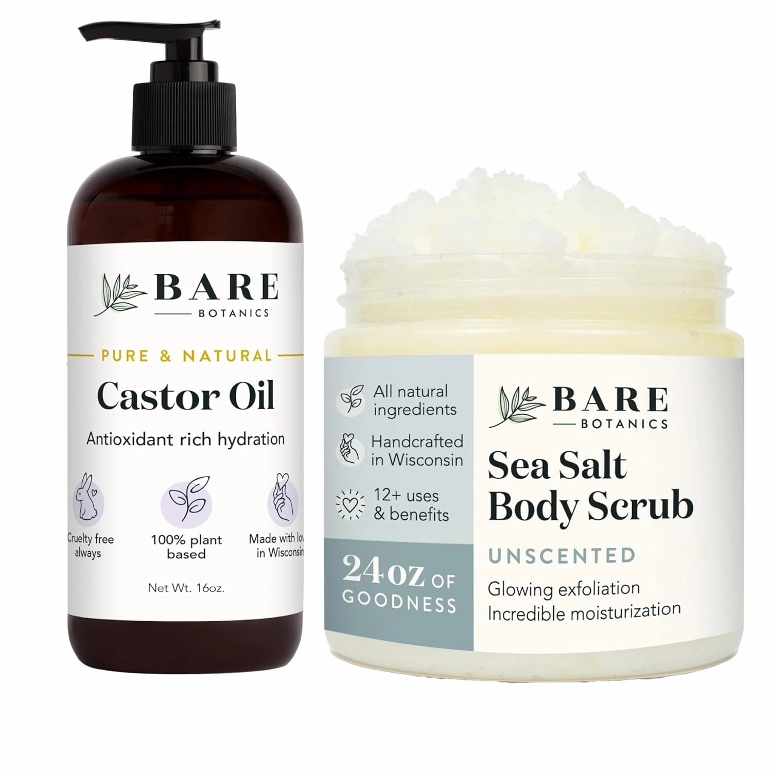 Bare Botanics Castor Hair & Body Oil   Unscented Body Salt Scrub