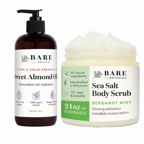 Bare Botanics Sweet Almond Hair & Body Oil   Bergamot Mint Body Salt Scrub