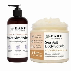 Bare Botanics Sweet Almond Hair & Body Oil   Coconut Vanila Body Salt Scrub