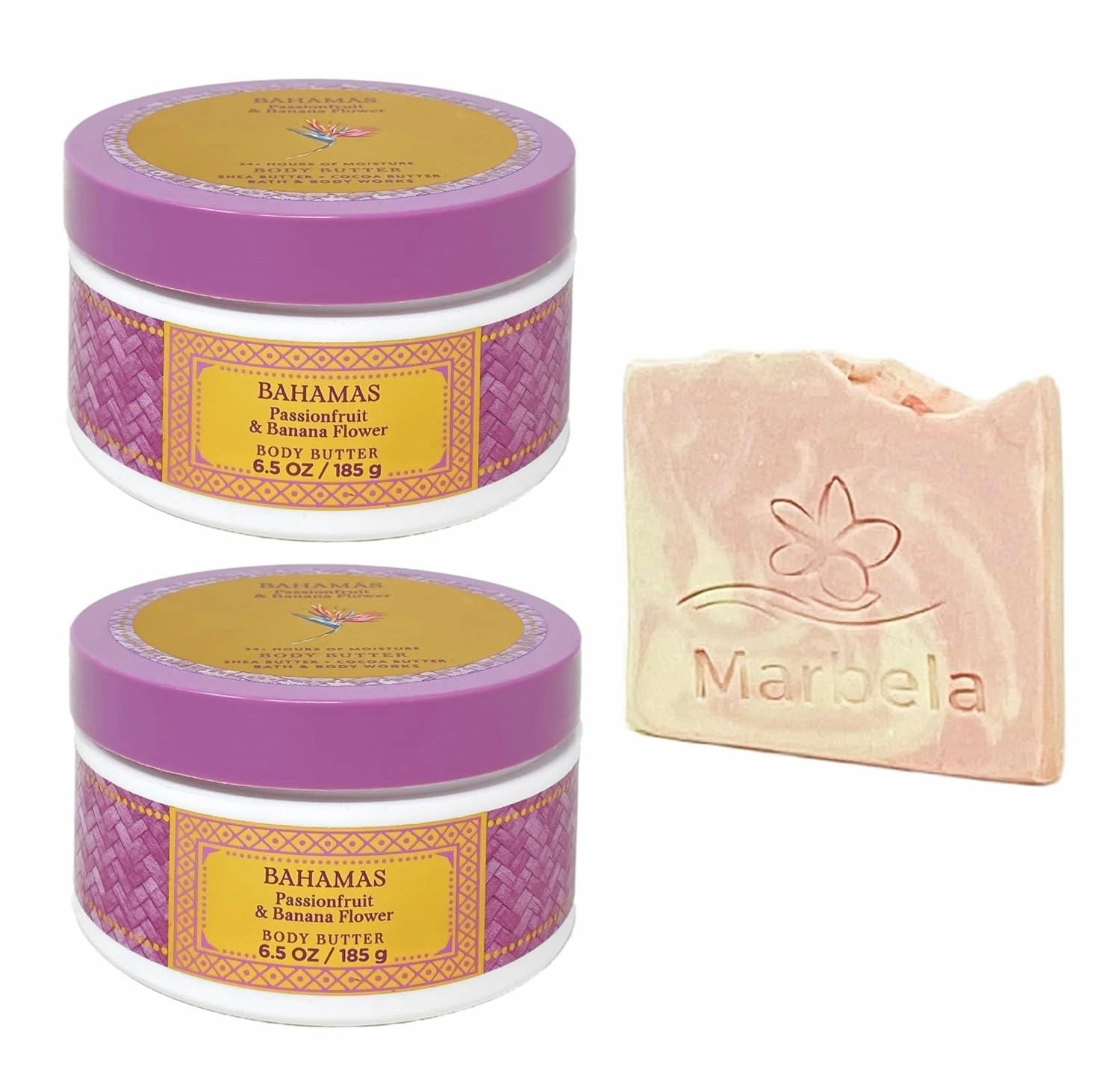 Bath & Body Works Bahamas Passionfruit & Banana Flower 2 Pack Body Butter Bundle with a Himalayan Salts Spring Sample Soap