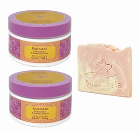 Bath & Body Works Bahamas Passionfruit & Banana Flower 2 Pack Body Butter Bundle with a Himalayan Salts Spring Sample Soap