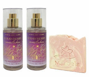 Bath & Body Works Strawberry Snowflakes 2 Pack Fine Fragrance Mist Bundle with a Himalayan Salts Springs Sample Soap - Travel Size