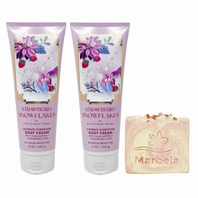 Bath & Body Works Strawberry Snowflakes 2 Pack Ultimate Hydration Body Cream Bundle with a Himalayan Salts Springs Bar Soap - Full Size