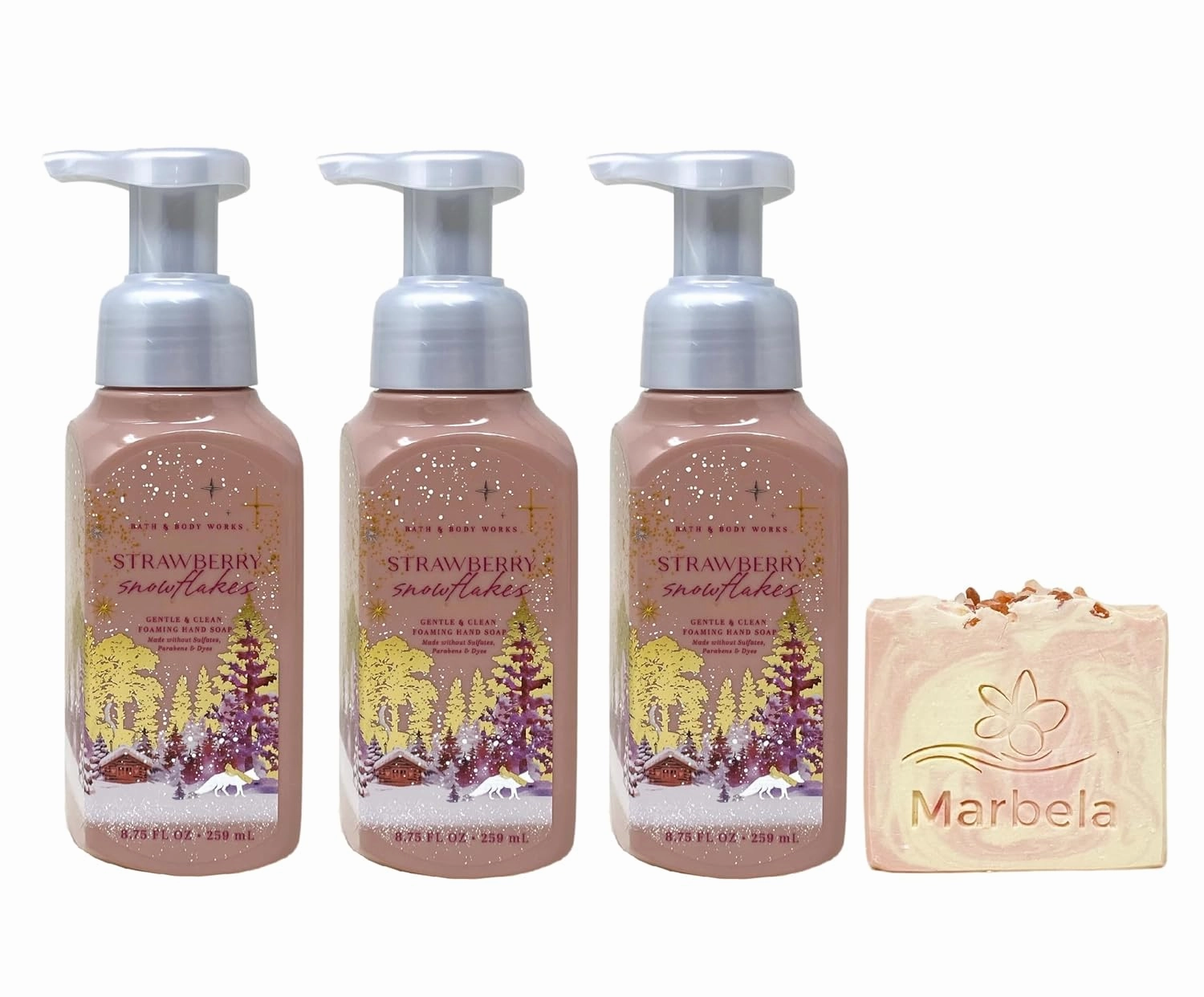 Bath & Body Works Strawberry Snowflakes 3 Pack Gentle Foaming Hand Soap Bundle with a Himalayan Salts Springs Bar Soap - Full Size