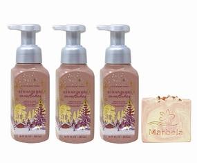 Bath & Body Works Strawberry Snowflakes 3 Pack Gentle Foaming Hand Soap Bundle with a Himalayan Salts Springs Bar Soap - Full Size
