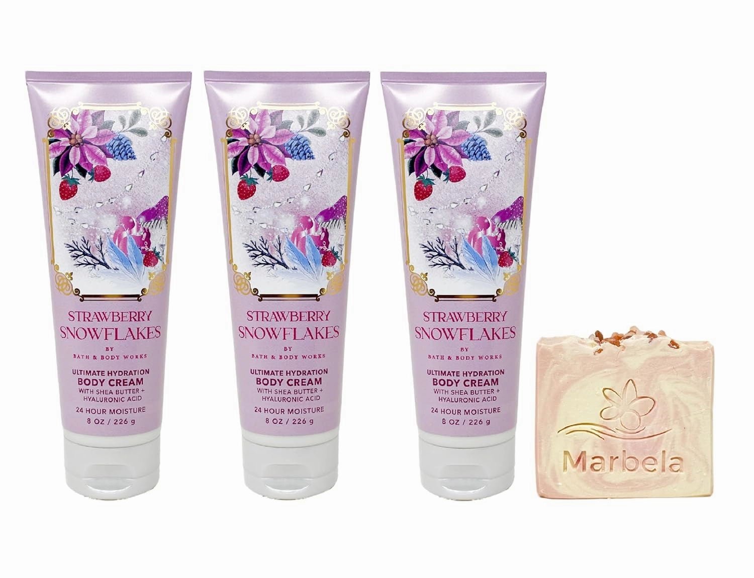 Bath & Body Works Strawberry Snowflakes 3 Pack Ultimate Hydration Body Cream Bundle with a Himalayan Salts Springs Bar Soap - Full Size