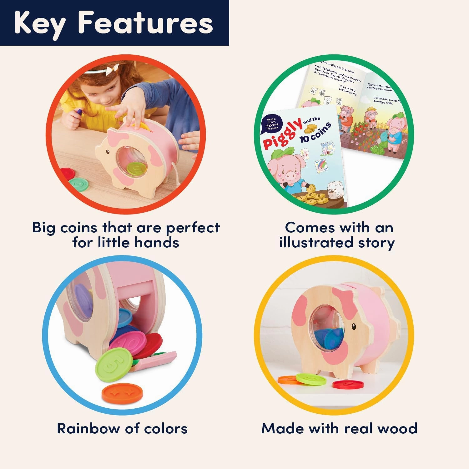 Battat Education – Wooden Piggy Bank for Kids – Educational Pig Toy – Developmental Playset – Fine Motor Skills – 18 Months   – Save & Count Piggy Bank