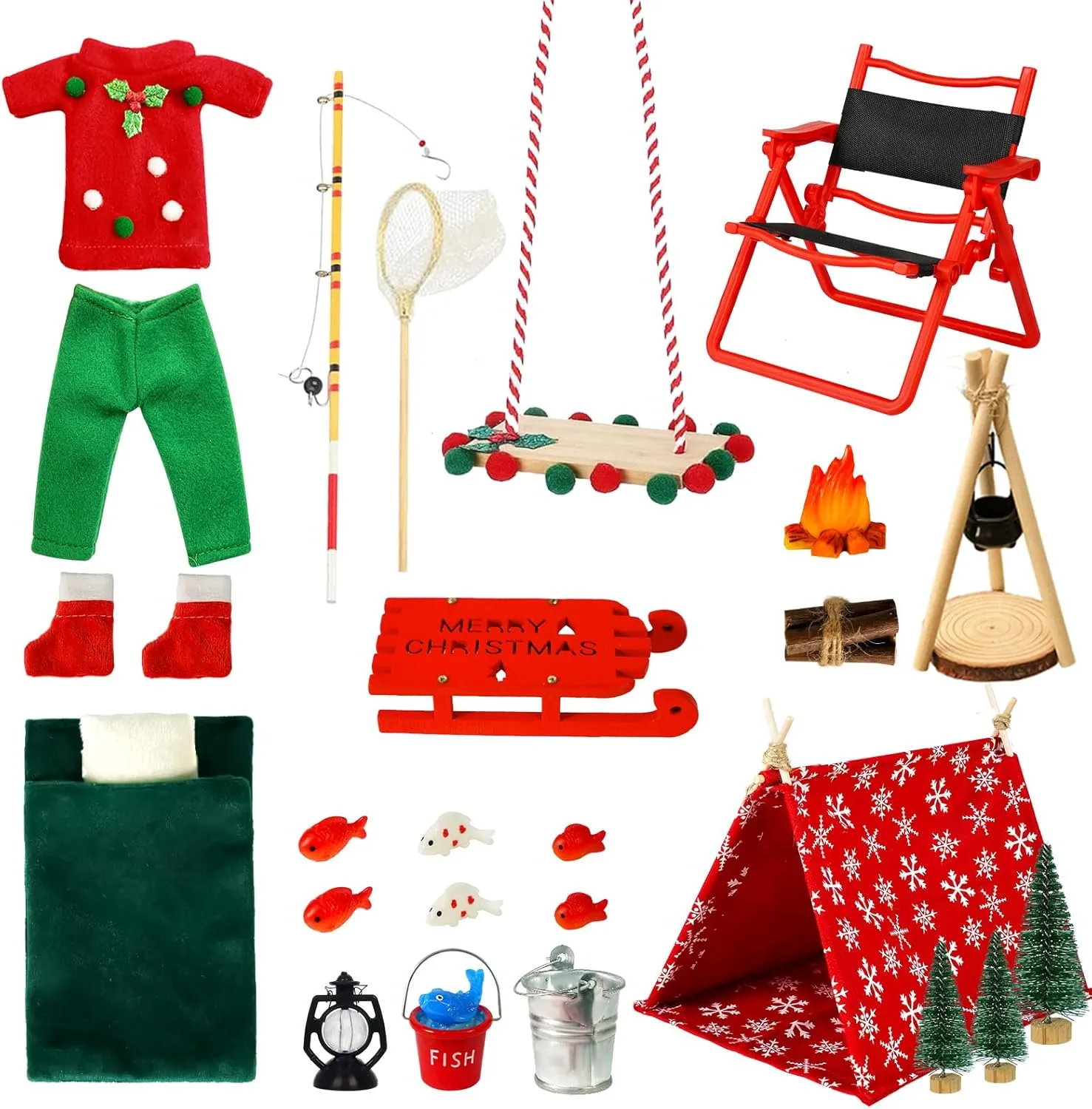Bbiamsleep 30 Pcs Christmas Elf Accessories - Elf Fishing Outfit & Camping Accessories for Mini House Decoration
