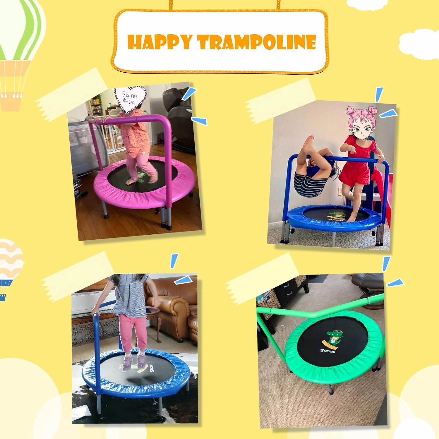 BCAN 36'' Mini Folding Ages 2 to 5 Toddler Trampoline with Handle for Kids, Two Ways to Assemble The Handle, Indoor/Garden Toddlers Trampoline with Super Safe Cover for Toddlers