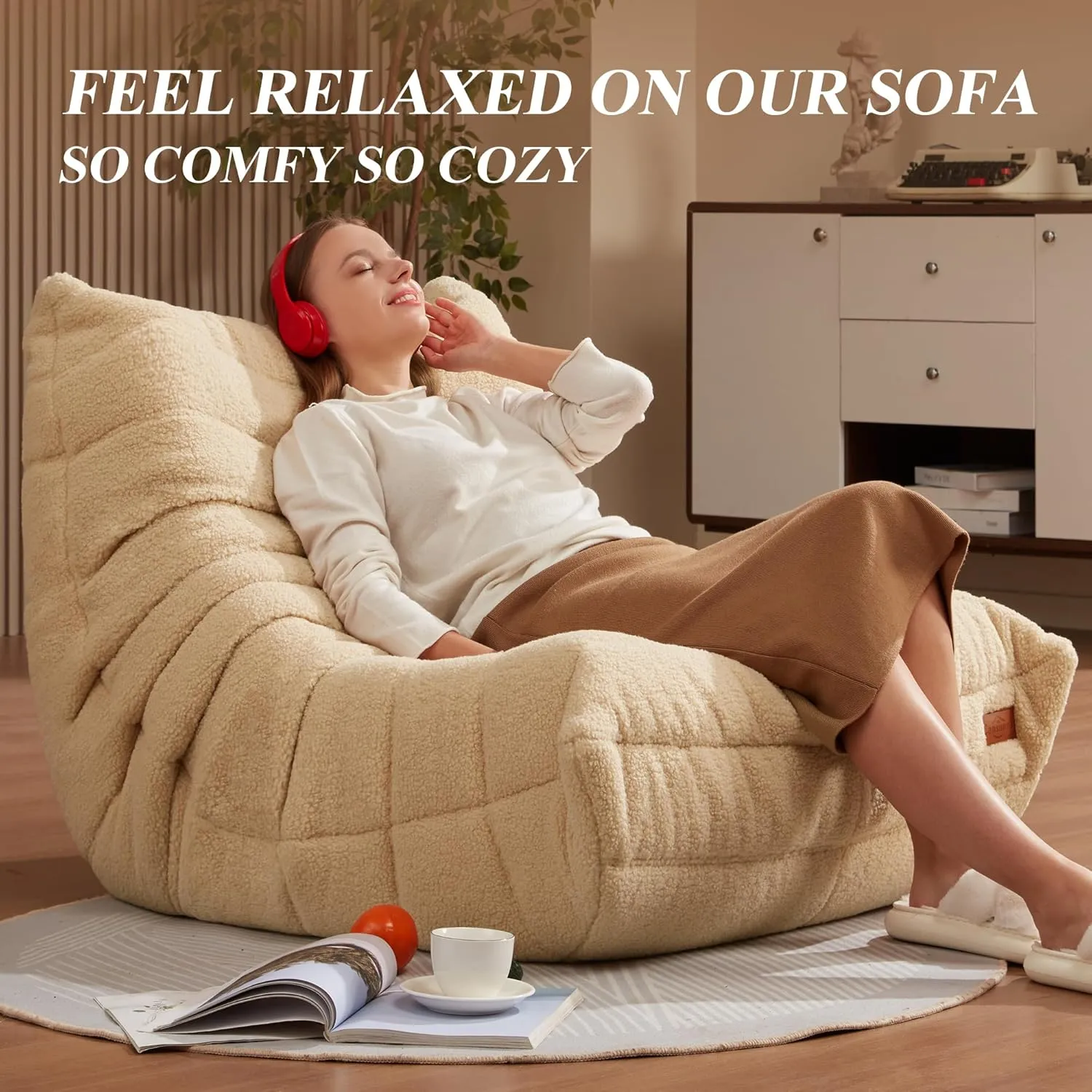 Bean Bag Chair Big Sofa Beanbag Chair for Adults Fireside Chair Bean Bag Lounger with Memory Foam Filled for Home,Apartment or Gaming Venue(Khaki Teddy)