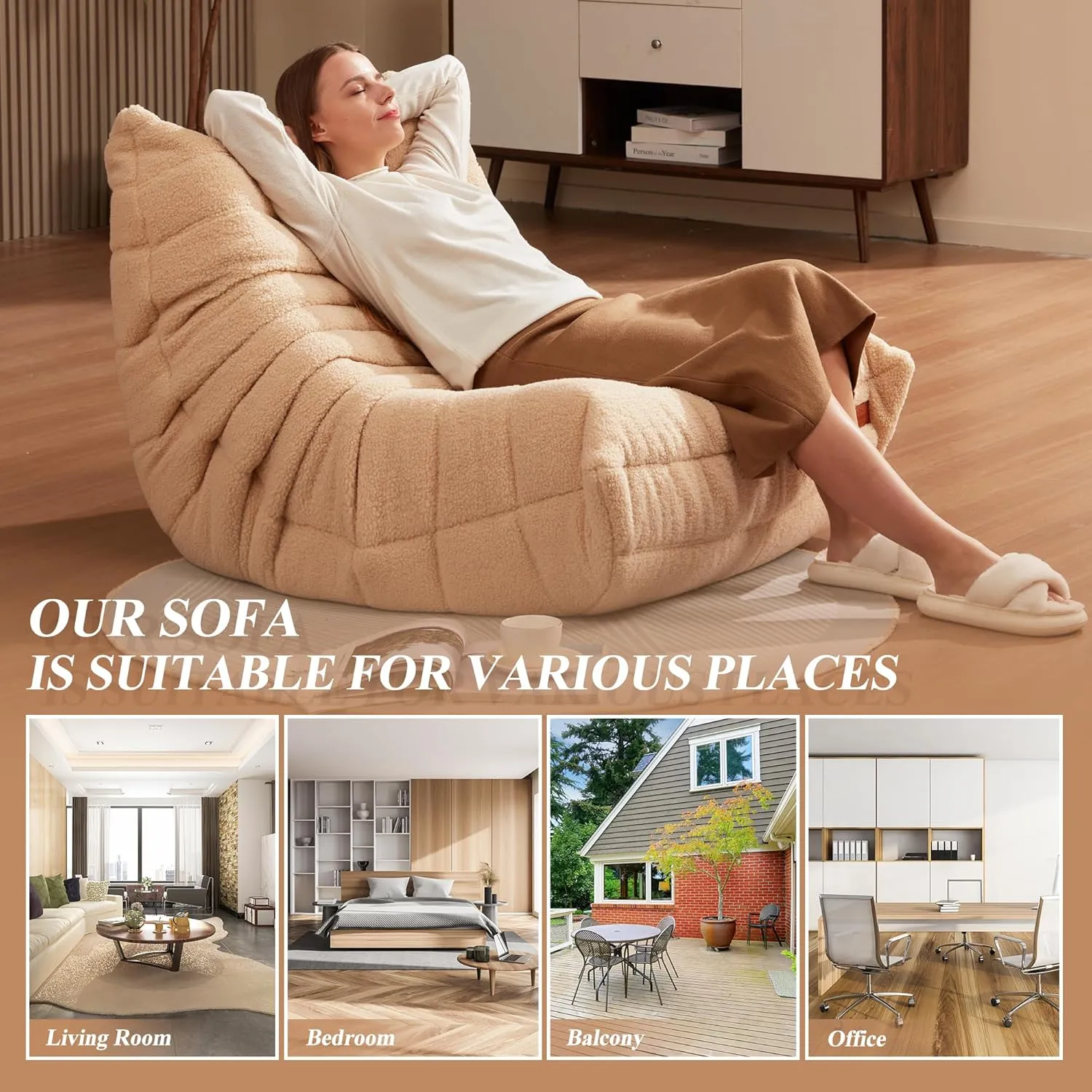 Bean Bag Chair Big Sofa Beanbag Chair for Adults Fireside Chair Bean Bag Lounger with Memory Foam Filled for Home,Apartment or Gaming Venue(Khaki Teddy)