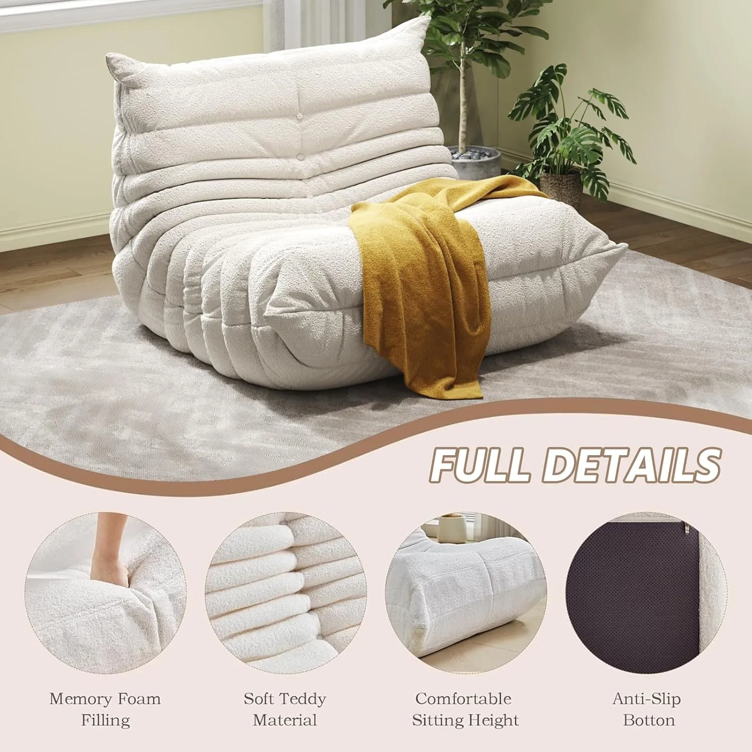 Bean Bag Chairs for Adults, BeanBag Reading Chair Memory Foam Couch, Floor Chair Soft Teddy Material, Comfy Reading Nook Chairs for Bedroom Living Room Office(Beige)
