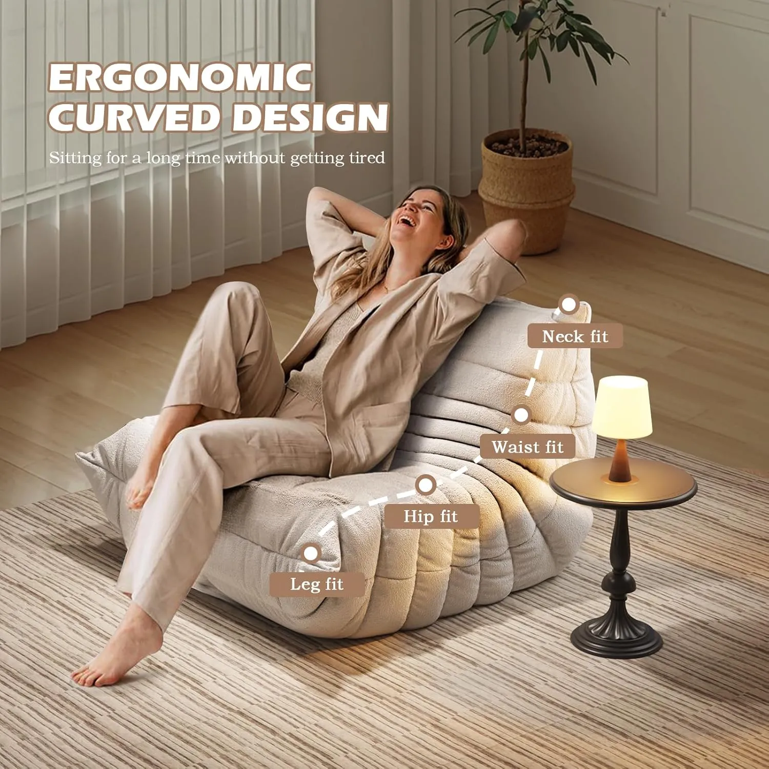 Bean Bag Chairs for Adults, BeanBag Reading Chair Memory Foam Couch, Floor Chair Soft Teddy Material, Comfy Reading Nook Chairs for Bedroom Living Room Office(Beige)