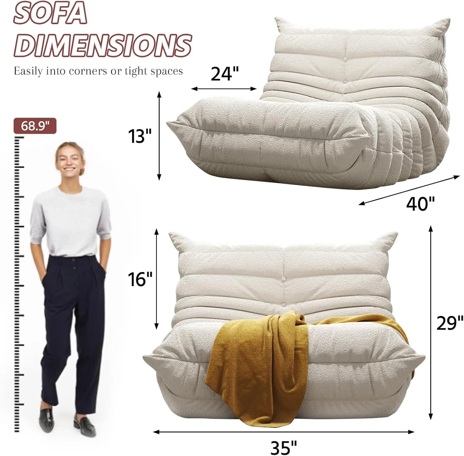 Bean Bag Chairs for Adults, BeanBag Reading Chair Memory Foam Couch, Floor Chair Soft Teddy Material, Comfy Reading Nook Chairs for Bedroom Living Room Office(Beige)