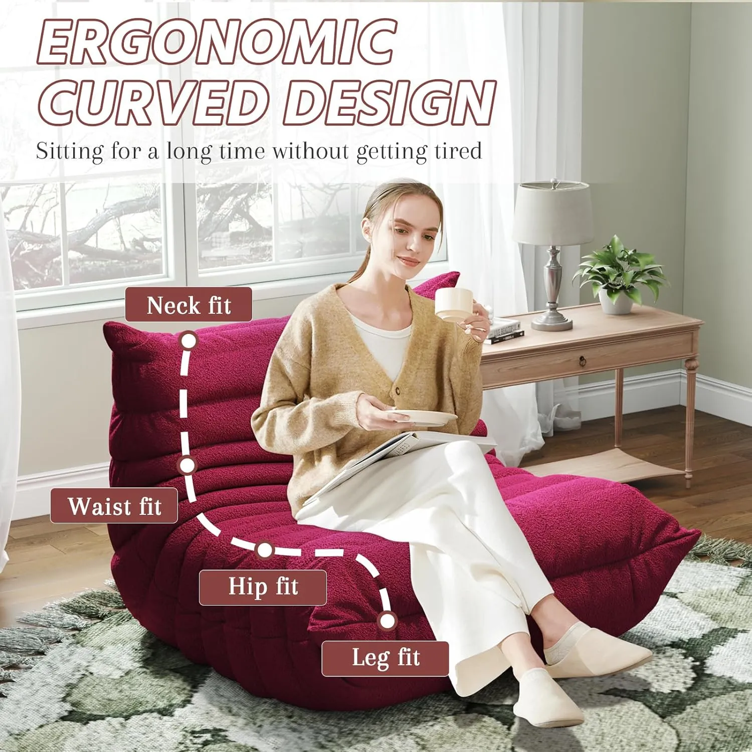 Bean Bag Chairs for Adults, Memory Foam Couch Single Sofa Chair, Soft Teddy Material Cozy Comfy Reading Nook Chairs, Floor Chair for Living Room Bedroom Office (Burgundy)