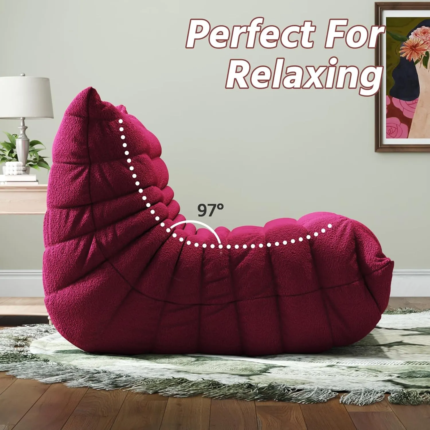 Bean Bag Chairs for Adults, Memory Foam Couch Single Sofa Chair, Soft Teddy Material Cozy Comfy Reading Nook Chairs, Floor Chair for Living Room Bedroom Office (Burgundy)