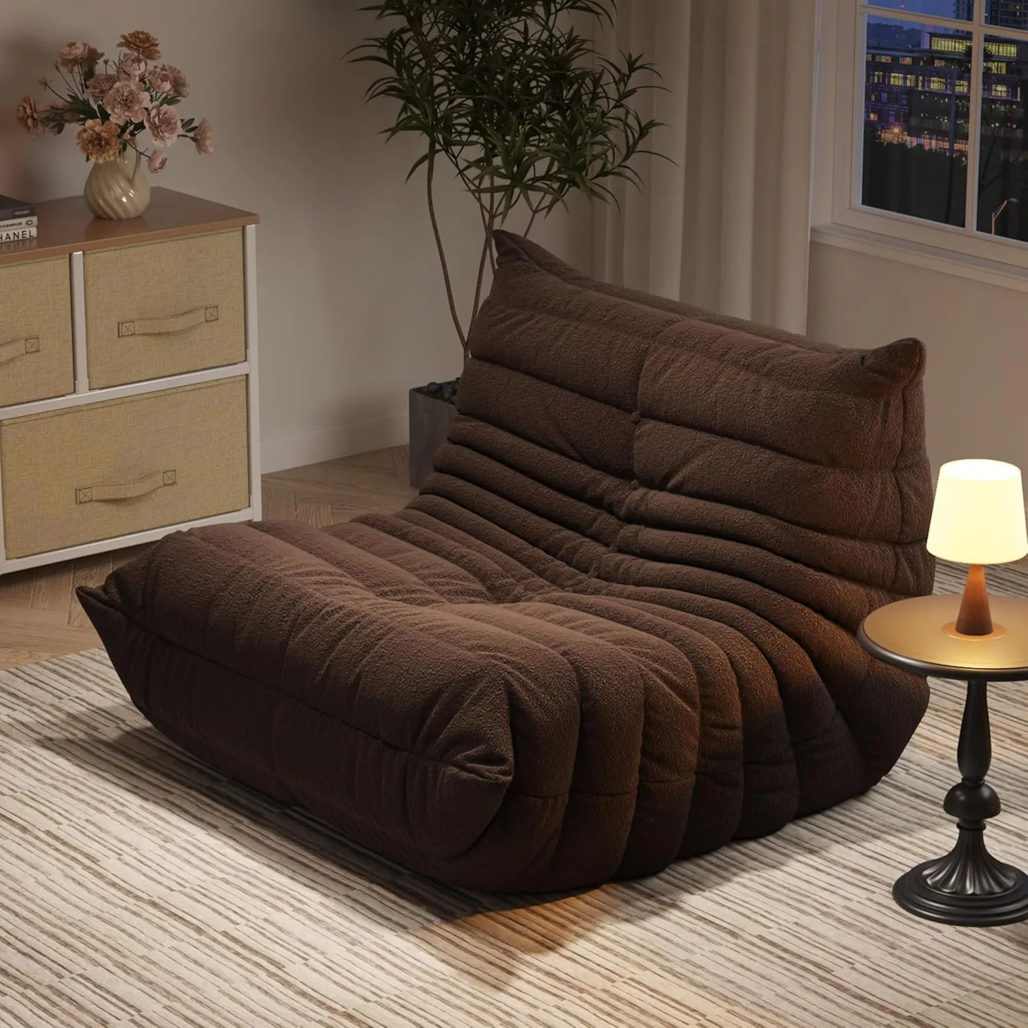 Bean Bag Chairs for Adults, Memory Foam Couch Single Sofa Chair, Soft Teddy Material Cozy Comfy Reading Nook Chairs, Floor Chair for Living Room Bedroom Office (Coffee)