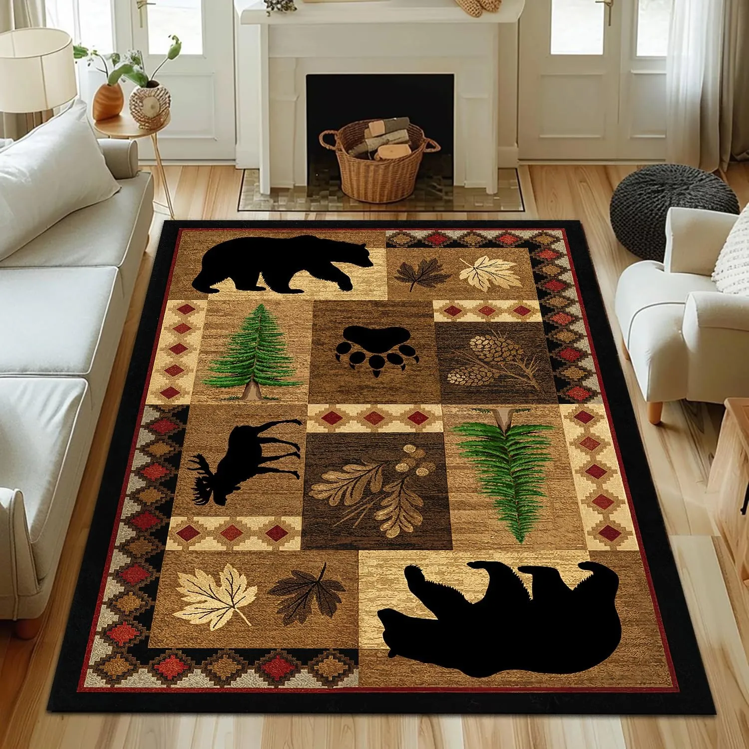 Bear Decor Rustic Throw Area Rugs Moose, 3x5, 4x6, 5x8, 6x9 Ft, Cabin & Living Room