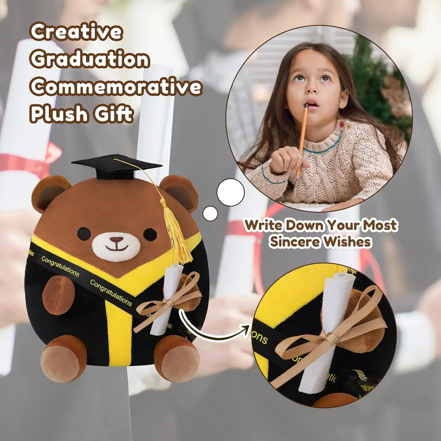Bear Plush Brown Bear Stuffed Animal Graduation Memorial Gifts Toy with Black Graduation Gown for Students Aderable Celebratory Souvenir 10 Inch