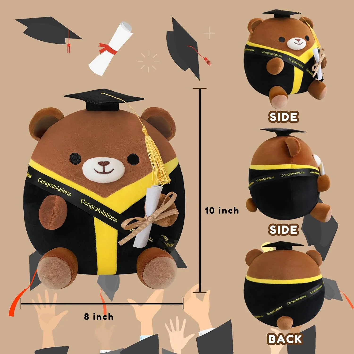 Bear Plush Brown Bear Stuffed Animal Graduation Memorial Gifts Toy with Black Graduation Gown for Students Aderable Celebratory Souvenir 10 Inch