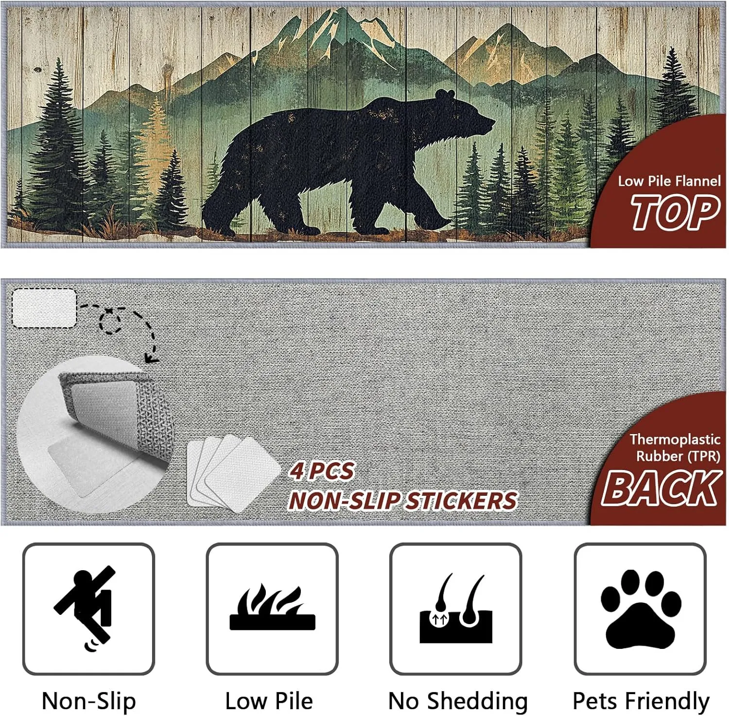 Bear Rugs for Cabin, Bear Runners for Hallways, 4x12ft, Nature Landscape Rustic Wooden Cabin Runner Rug, Farmhouse Lodge Country Washable Non Slip Carpet Runner - Bear Home Decor