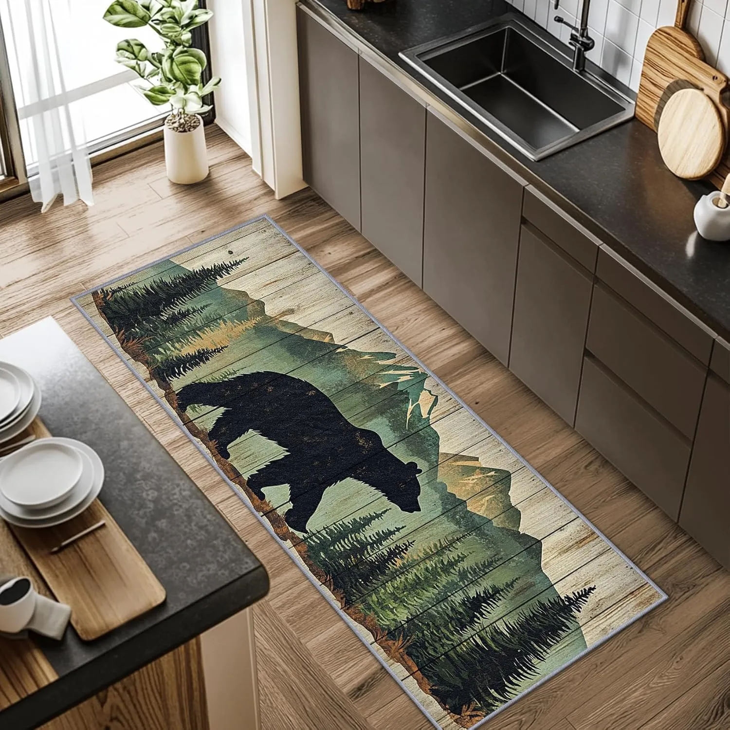 Bear Rugs for Cabin, Bear Runners for Hallways, 4x12ft, Nature Landscape Rustic Wooden Cabin Runner Rug, Farmhouse Lodge Country Washable Non Slip Carpet Runner - Bear Home Decor