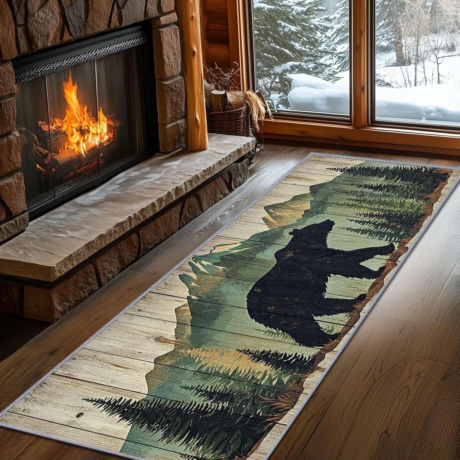 Bear Rugs for Cabin, Bear Runners for Hallways, 4x12ft, Nature Landscape Rustic Wooden Cabin Runner Rug, Farmhouse Lodge Country Washable Non Slip Carpet Runner - Bear Home Decor