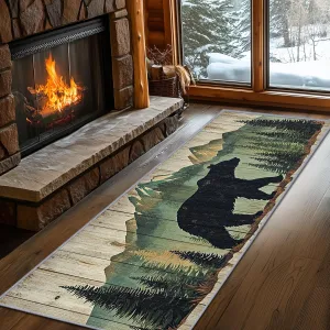 Bear Rugs for Cabin, Bear Runners for Hallways, 4x12ft, Nature Landscape Rustic Wooden Cabin Runner Rug, Farmhouse Lodge Country Washable Non Slip Carpet Runner - Bear Home Decor