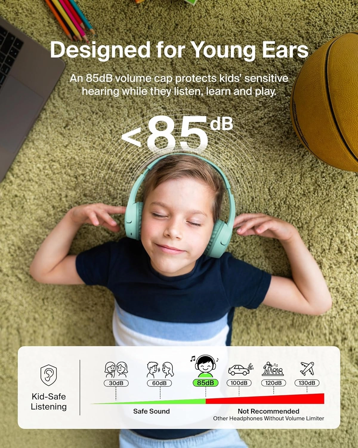 Belkin SoundForm Mini - Wireless Bluetooth Headphones for Kids with 30H Battery Life, 85dB Safe Volume Limit, Built-in Microphone - Kids On-Ear Earphones for iPhone, iPad, & More - Mint w/Case