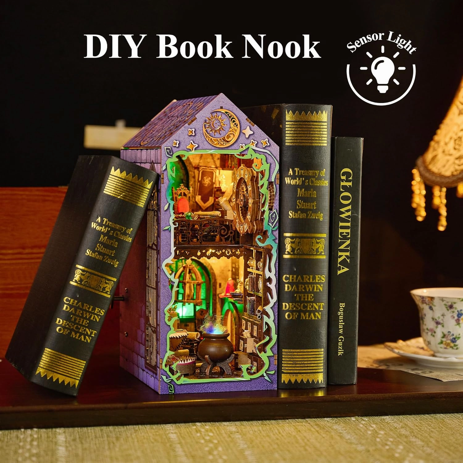 BenBen Book Nook Kit, DIY Miniature House Kit for Adults, Teens, Dollhouse Booknook to Build, Bookshelf Insert Diorama, 3D Wooden Puzzle Book Shelf Décor, Mystic Theurge’s Hut