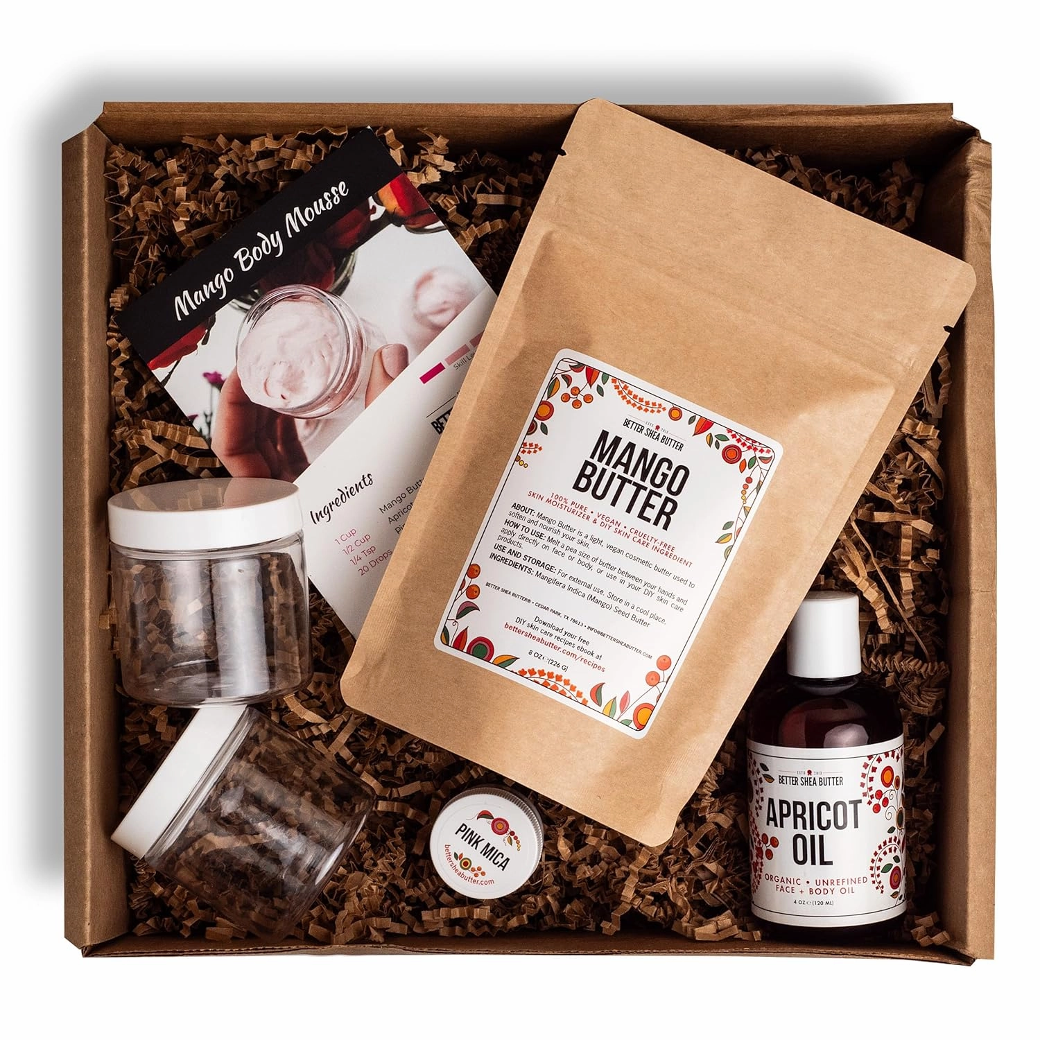 Better Shea Butter Body Butter Making Kit - Includes Raw Mango Butter, Raw Apricot Oil, Pink Mica, 2 jars and Recipes Card with Link to Video Tutorial - Natural Whipped Mango Body Lotion Making Kit