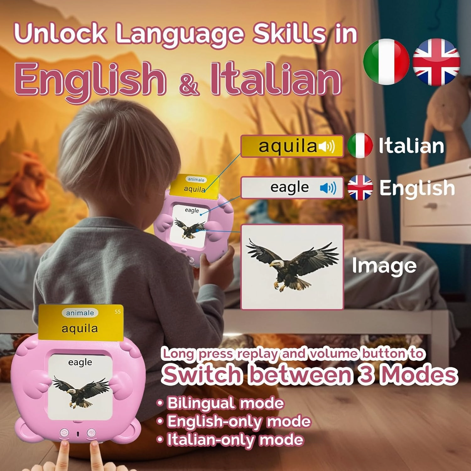 Bilingual English Italian Flash Cards - Talking Flash Cards for Kids, Pocket Speech for Toddlers 3-12, Educational Learning Audible Gift Play Cards Italian, Autism Sensory Toys (Pink)