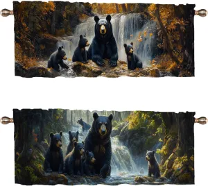 Black Bear Kitchen Curtains 2 Set for Windows Wildlife Bear Vintage Cabin Forest Waterfall Rod Pocket Window Treatments Drapes for Bedroom Bathroom Window Treatment Valances 54x18in