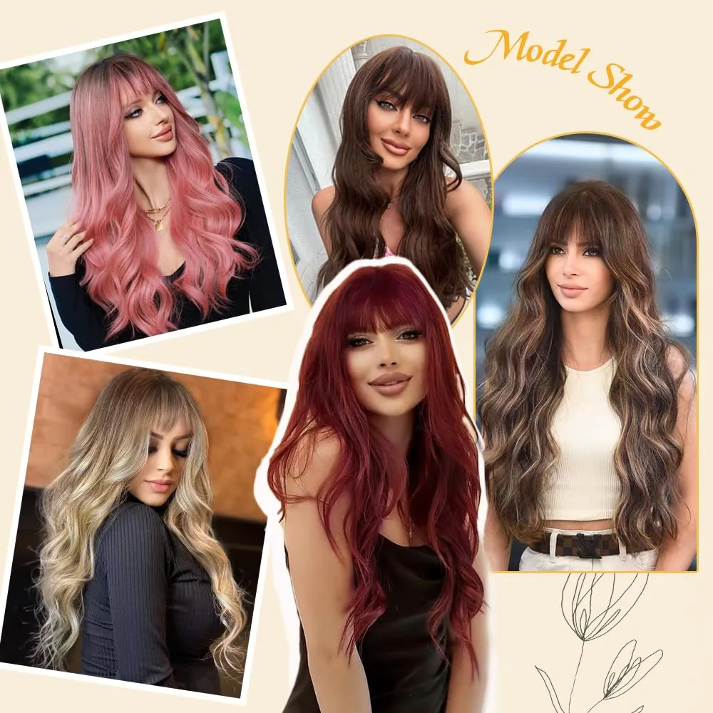 Black Mixed Brown Wigs with Bangs Long Curly Wig for Women Long Wavy Wig Synthetic Hair for festival holiday Use 26IN