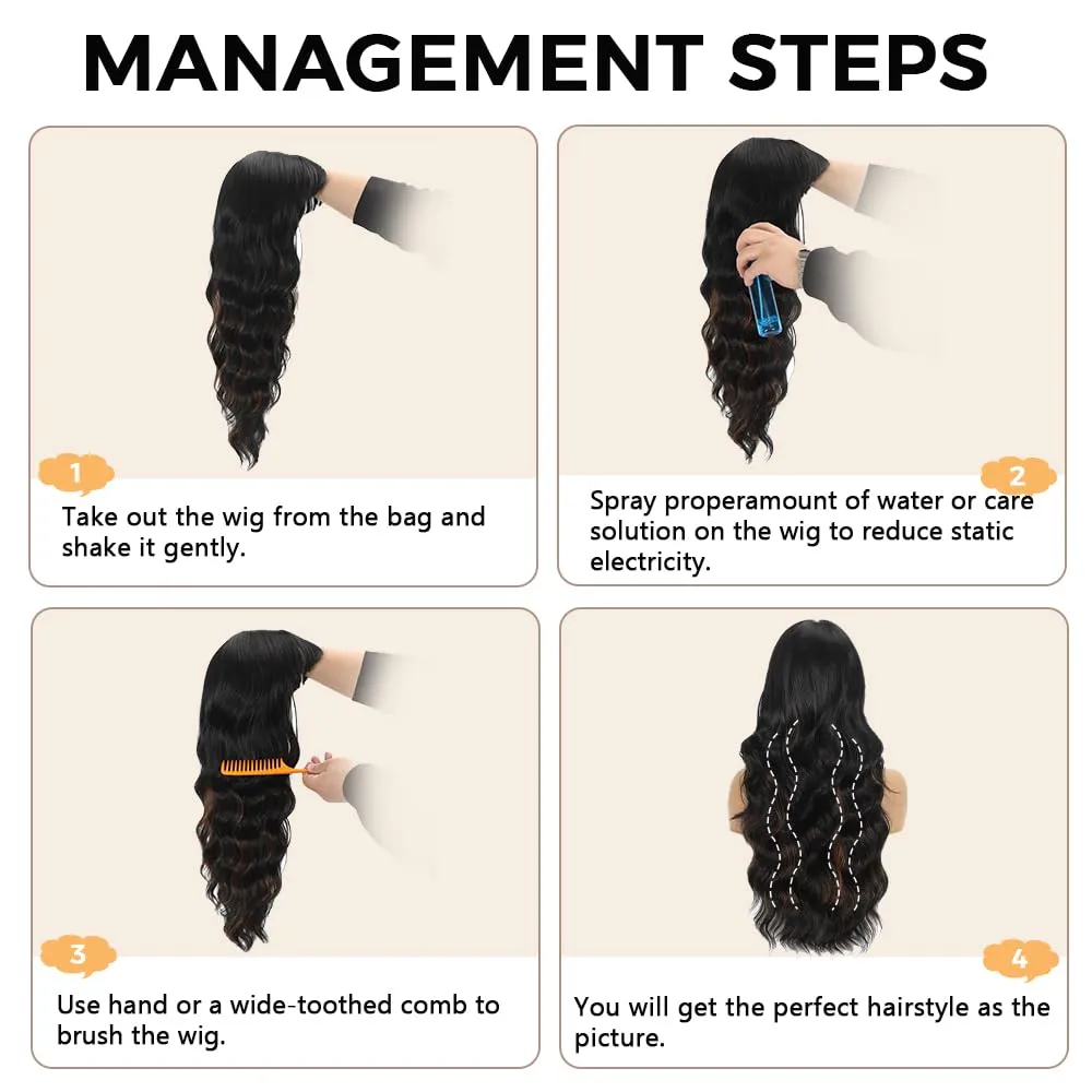 Black Mixed Brown Wigs with Bangs Long Curly Wig for Women Long Wavy Wig Synthetic Hair for festival holiday Use 26IN