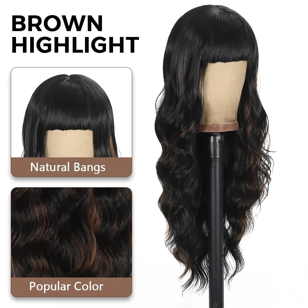Black Mixed Brown Wigs with Bangs Long Curly Wig for Women Long Wavy Wig Synthetic Hair for festival holiday Use 26IN