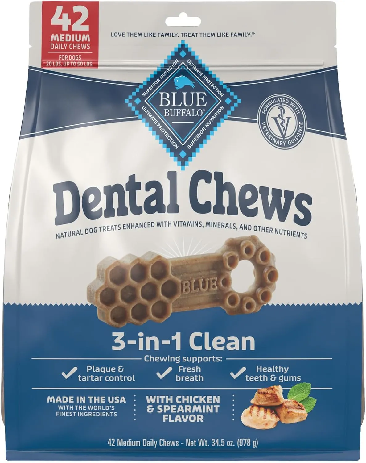 Blue Buffalo Dental Chews Medium Natural Dog Treats, Chicken & Spearmint 34.5-oz Bag (42 Count)